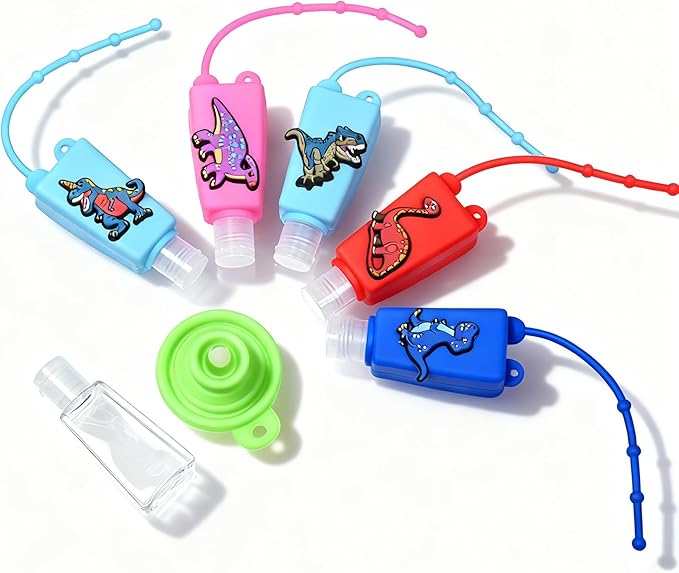 5-Pack Cartoon Kids Hand Sanitizer Holder, 30ml Travel Size Refillable Bottles with Silicone Case, Leak-Proof Portable Containers for Lotion & Liquid Soap (Roar Dino)