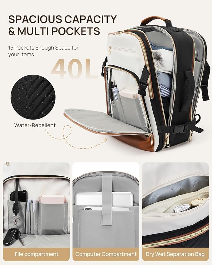 Telena Travel Backpack for Women, 17.3 inch Laptop TSA Carry On Personal Item Size Flight Approved Travel Bag Daypack with Multi-Pockets for Work, Travel, Business, Black-Beige-Brown