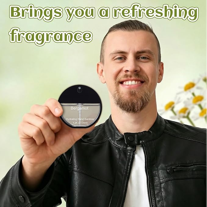 3 Pcs Power Mist Hydrating Hand Sanitizer Spray Bulk Travel Size Refreshing Hand Sanitizer 1.2 Fl. oz Round Spray Bottle Eucalyptus Sandalwood Bergamot Scent for Men Daily Personal Use Gifts