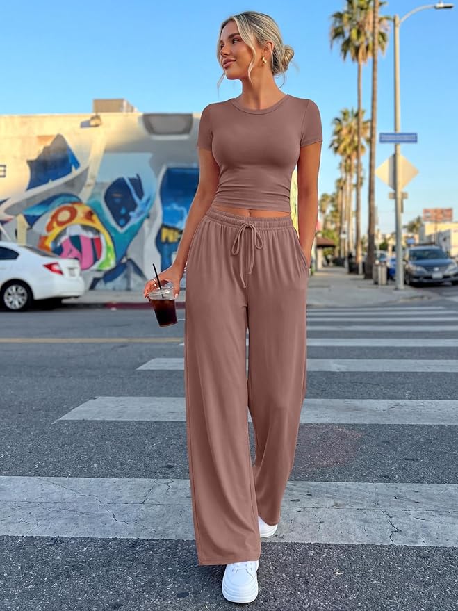 Trendy Queen 2 Piece Matching Summer Lounge Set Womens Side Ruching Top Wide Leg Pants Sets with Pockets