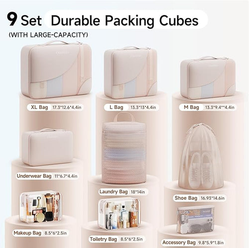 11 Set / 9 Set Packing Cubes for Travel,Gifts for Women Mom Kids,TSA Approved Bags for Makeup, Cosmetic, Toiletry, Organizers for Suitcase Carry On, Cruise Essentials Airplane Accessories, Beige