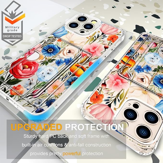 Compatible with iPhone 16 Pro Case Card Holder for Women Cute Design,Wallet Phone Cases Transparent Cool Kawaii Protective (Clear Flower Art Rose Peony)