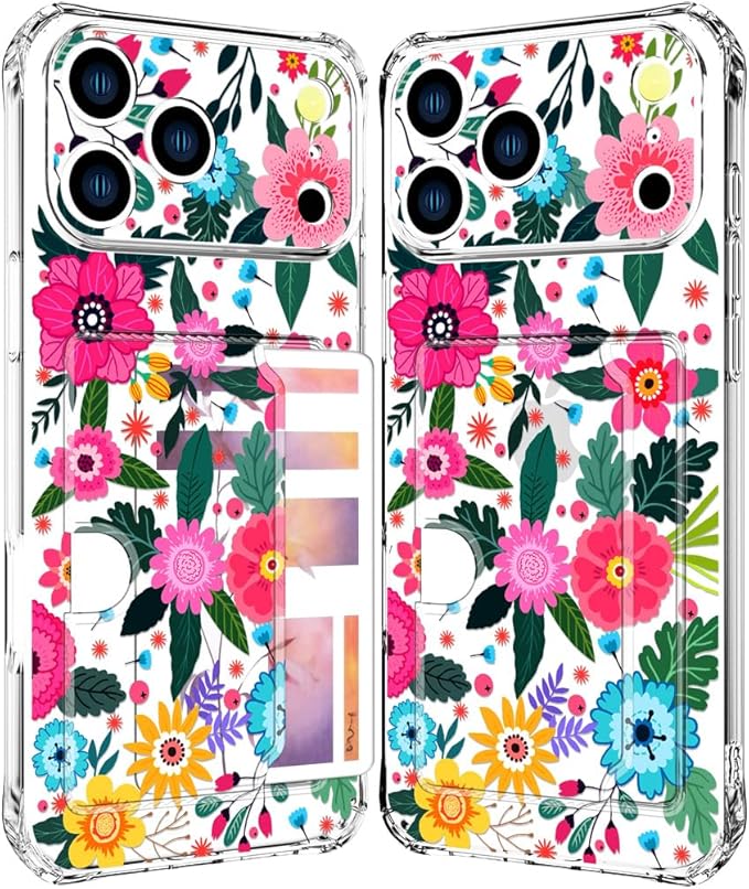 Compatible with iPhone 17 Pro Case Card Holder for Women Cute Design,Wallet Phone Cases Transparent Cool Kawaii Protective (Clear Floral Spring Blossom)