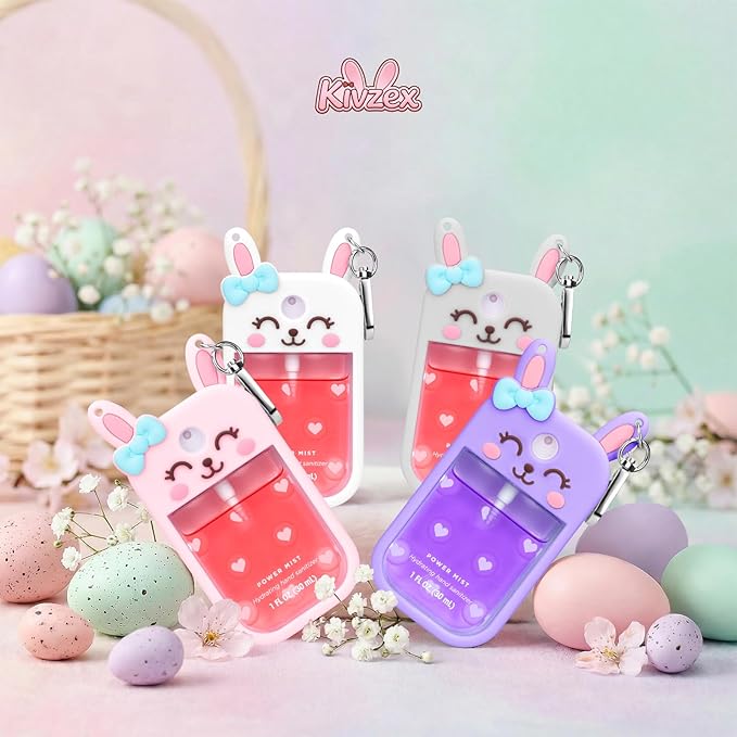Bunny Silicone Case for Touchland Hand Sanitizer Spray with Keychain Holder, Compatible with Power Mist & Glow Mist 1 FL Oz/30ML for Touchland Case, Easter Cute Travel Cover Sleeve Pink
