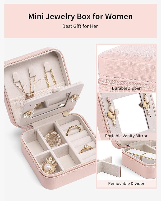 Vlando Valentines Day Gifts for Her- Small Travel Jewelry Box Organizer -Jewelry Display Case for Girls Women Bridesmaid Gift Rings Earrings Necklaces Storage with Mirror Pink