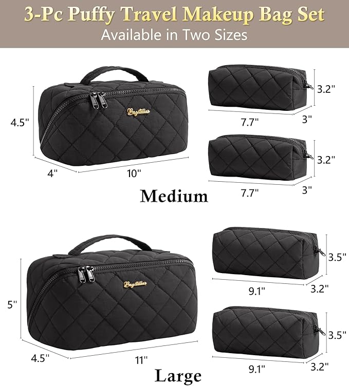 Travel Makeup Bag, 3 Pcs Large Capacity Puffy Toiletry Bag for Women, Open Flat Quilted Make up Cosmetic Organizer w/Handle & Clear Divider Water-resistant Portable Pouch Travel Essentials, M-Black