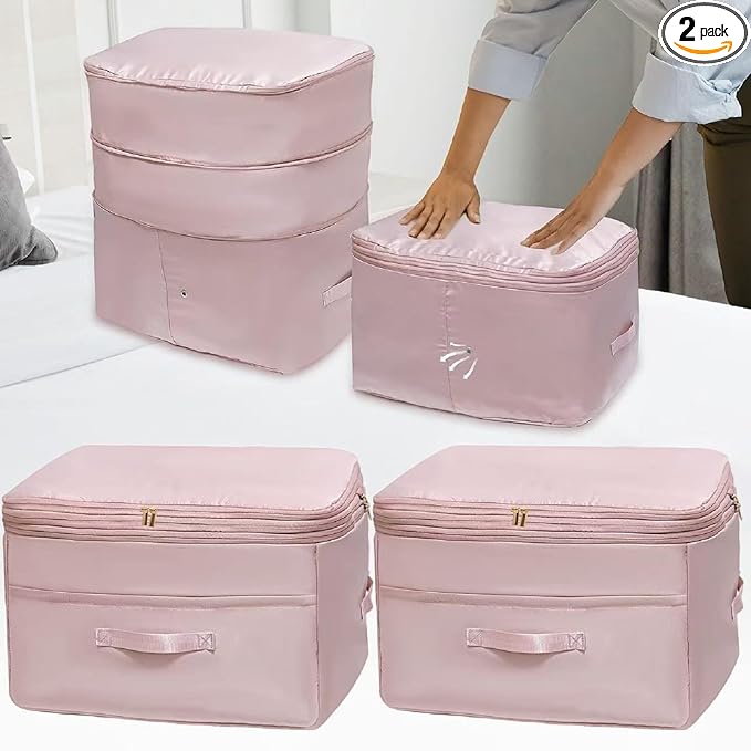 Ultra Space Saving Self Compression Organizers, 2 Pack Double Zipper Compression Packing Cubes for Bedding, Comforter Storage Bag for Blankets Duvet Quilts Pillows Queen King (Pink, X-Large)