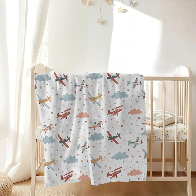 Unisex Plane Nursery Baby Throw Gift Blanket for Boys Girls, Cartoon Planes Clouds Stars Pattern Swaddle Receiving Bed Blanket for Newborn Toddlers Kids-60x80