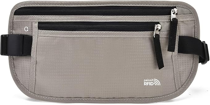 Unisex Money Belt For Men and Women, Slim Passport Holder RFID Blocking Travel Essentials Pouch with Adjustable Strap Small Waist Pouch for Workout Running Travelling Hiking, Light Grey