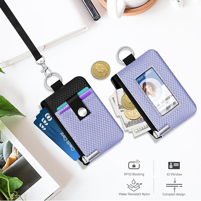 Minimalist RFID Blocking Small Wallet with ID Window,WaterResistant Zip Id Case Wallet with Lanyard Keychain for Cards,Cash,Travel,Women,Men (Lavender Purple/Black)