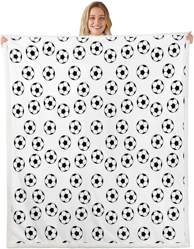 Soccer Kids Throw Blanket,Ball Sports Games Competition Bed Blanket for Girls Boys Adults,American Football Cartoon Fleece Blanket,Black White Unique Fuzzy Blanket,Baby Size (30 x 39 Inches)