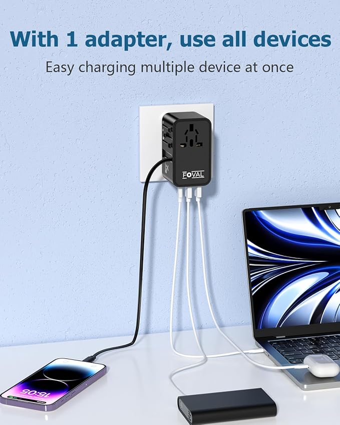 FOVAL European Travel Plug Adapter, Universal Travel Adapter with Retractable USB C Cable, All-in-one International Power Adapter for Europe Italy UK US AUS (35W)
