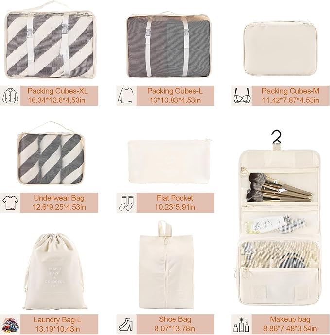 8 Set Compression Packing Cubes for Travel Essentials,Suitcase Organizer Bags, Carry-On Luggage Accessories with Laundry & Toiletry Bag, Road Trip & Camp Gifts for Men and women(beige)