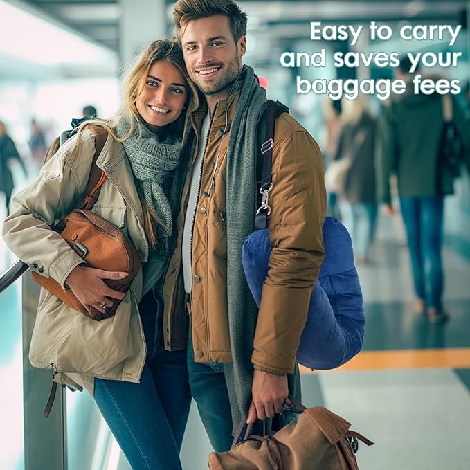 Stuffable Neck Pillow, Stuffable Travel Pillow with Clothes, Portable Pillows for Airplane Train Car, Holds 3+ Days of Travel Essentials Storage Bag, Soft Velvet Neck Pillow Cover (Sea Blue)
