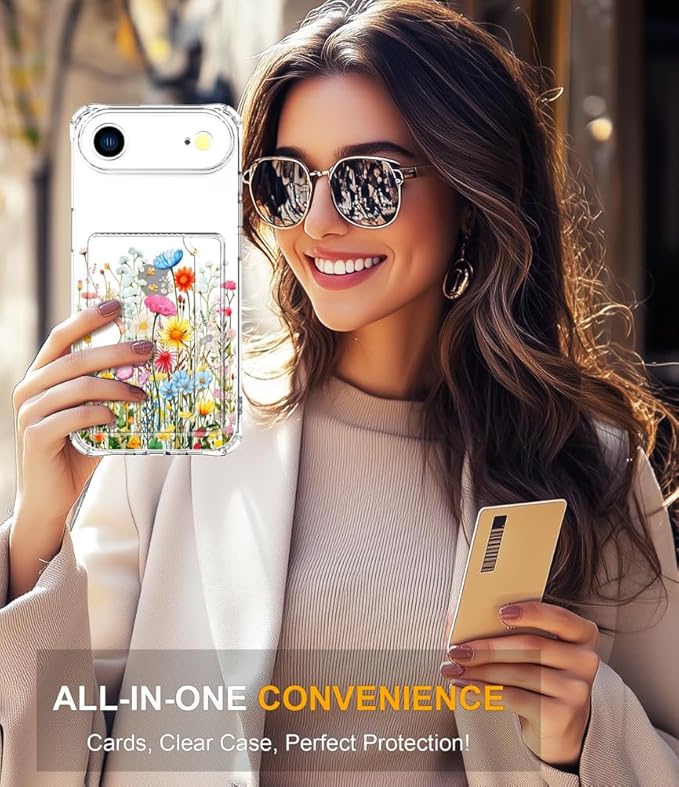 Compatible with iPhone 17 Air Case Card Holder for Women Cute Design,Wallet Phone Cases Transparent Cool Kawaii Protective (Clear Flowers Herbs Wild Plants)