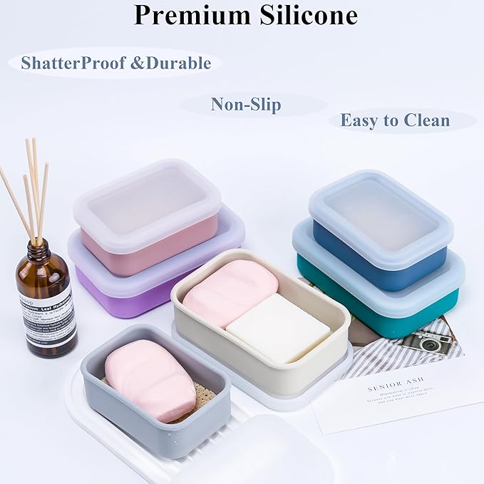 2PC Portable Leakproof Travel Soap Case, Silicone Travel Soap Case, Compact Soap Holder with Drainage Layer, Travel Soap Holder for Camping, Gym, Outdoor milkywhite&darkblue