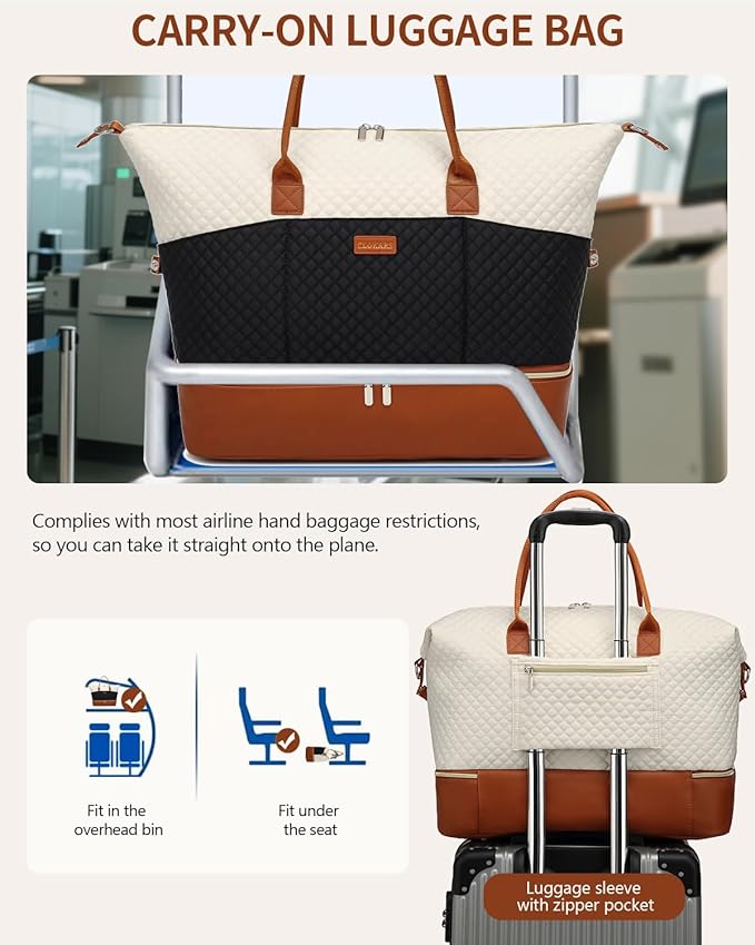Travel Bag for Women, Weekender Bags Large Carry On Overnight Bag Duffel with Separate Shoes Compartment & Strap, Hospital Bags for Labor and Delivery, Beigeblack Brown