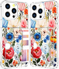 Compatible with iPhone 16 Pro Case Card Holder for Women Cute Design,Wallet Phone Cases Transparent Cool Kawaii Protective (Clear Flower Art Rose Peony)