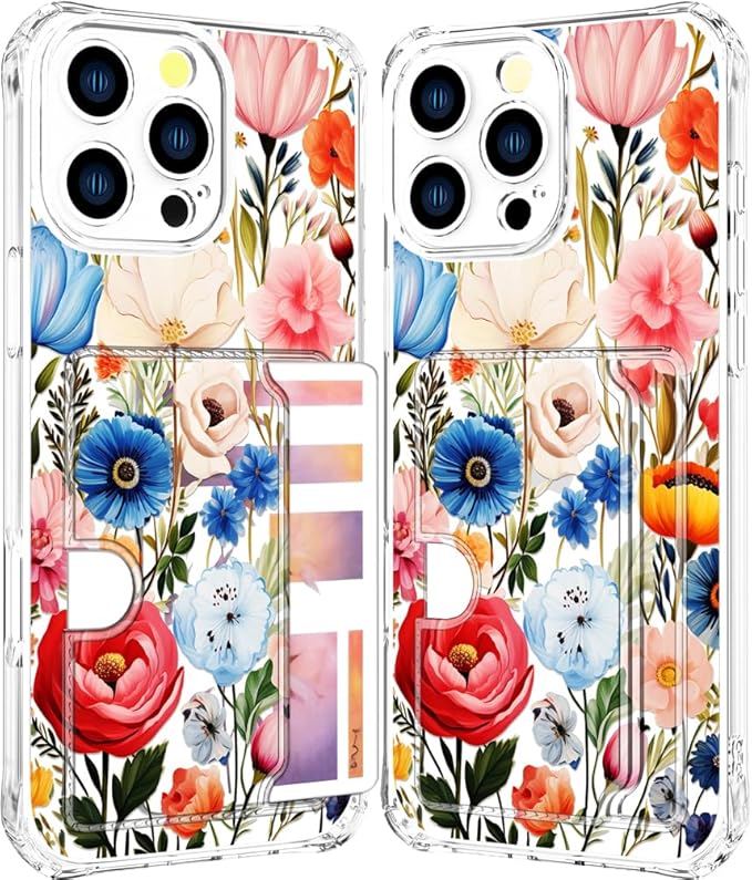 Compatible with iPhone 16 Pro Max Case Card Holder for Women Cute Design,Wallet Phone Cases Transparent Cool Kawaii Protective (Clear Flower Art Rose Peony)