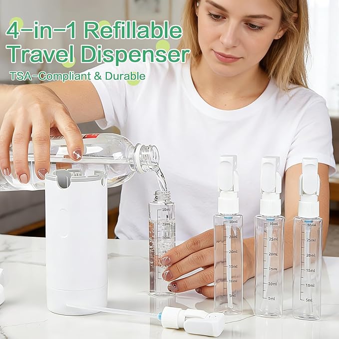 4 in 1 Travel Dispenser Bottle Set, Leakproof TSA Travel Size Containers for Toiletries, Portable Refillable Bottles, Hard Shell Rotating Design with Scale and Labels (Green, 4 Pack) (1, White)