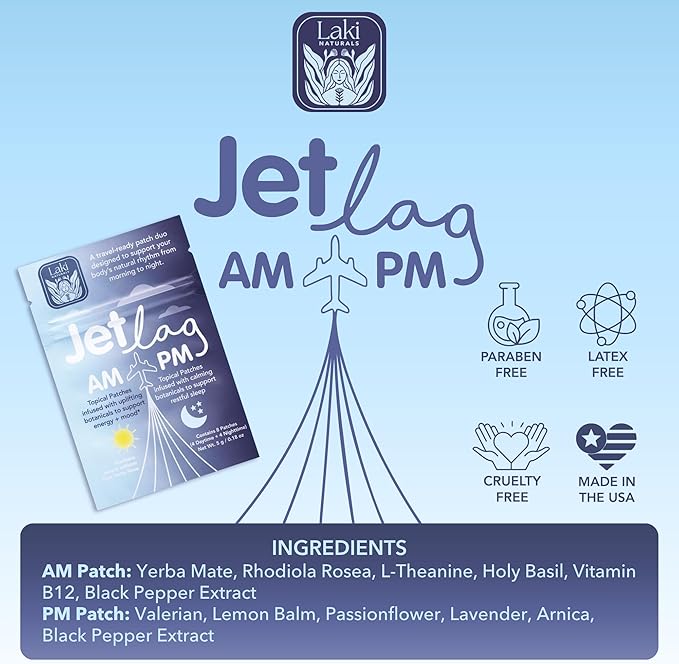Laki Naturals Jet Lag AM & PM Travel Patches (1 Count, Pack of 8) – Natural Day & Night Support for Travelers – Energy, Focus & Restful Sleep – with B12, Valerian, Lavender & More