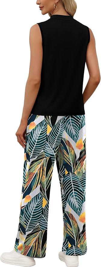 WIHOLL Two Piece Set for Women Summer Spring Outfits Cruise Travel Airport Beach Vacation Mock Neck Wide Leg Pants Set