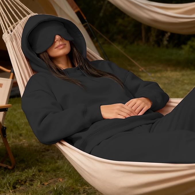 Ainangua Womens Oversized Pullover Essentials Hoodie with Eye Mask Comfor Airplane Mode Travel Office Vacation Sweatshirt
