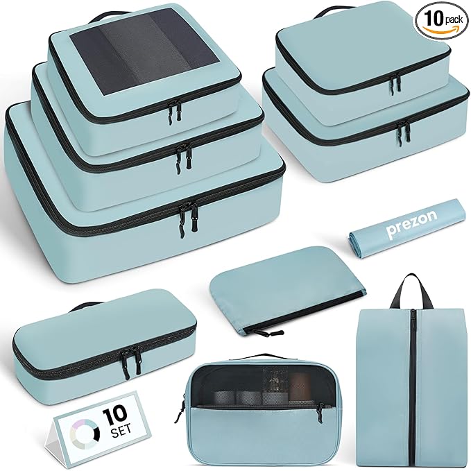 Mesh Packing Cubes for Travel, Durable Luggage Organizer with Sturdy Material and Double Zippers, Comprehensive Set for Travel Accessories Storage, 10 set, teal
