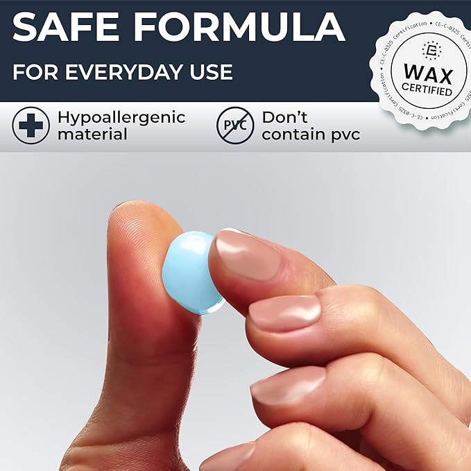 Peace&Quiet PQ Wax Ear Plugs for Sleep - 6 Silicone Wax Earplugs for Sleeping and Swimming - Gel Ear Plugs Noise Cancelling, Protect Ears While Sleeping with Sound Blocking 32 Db (6-Pillows), Blue