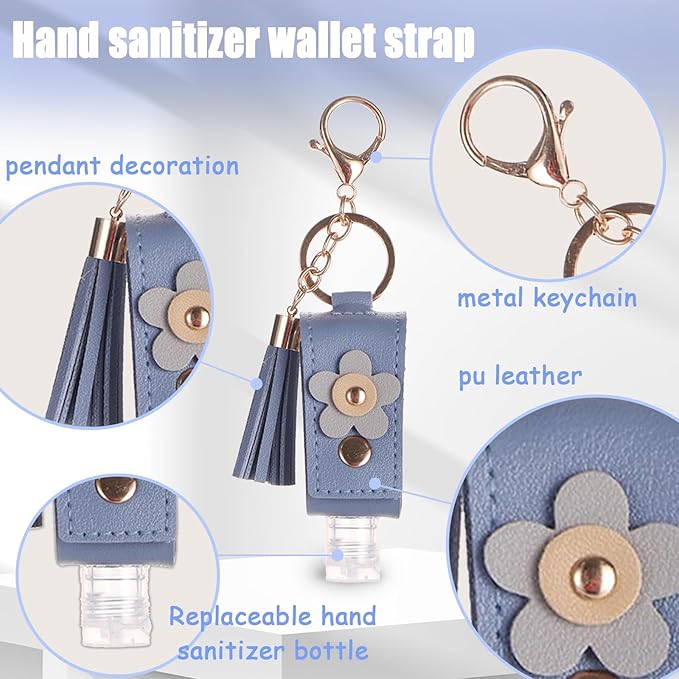 2 Packs Hand Sanitizer Keychain Holder, Portable Leather Mini Hand Sanitizer Gel Holder Keychain Travel Size Bottle (Blue 、White)