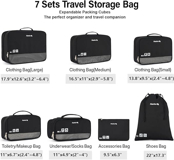 Hanke 7 Set Compression Packing Cubes for Travel, Expandable Large Packing Cubes for Suitcases and Backpack, Luggage Packing Organizer Bags with Double Zipper as Travel Essentials