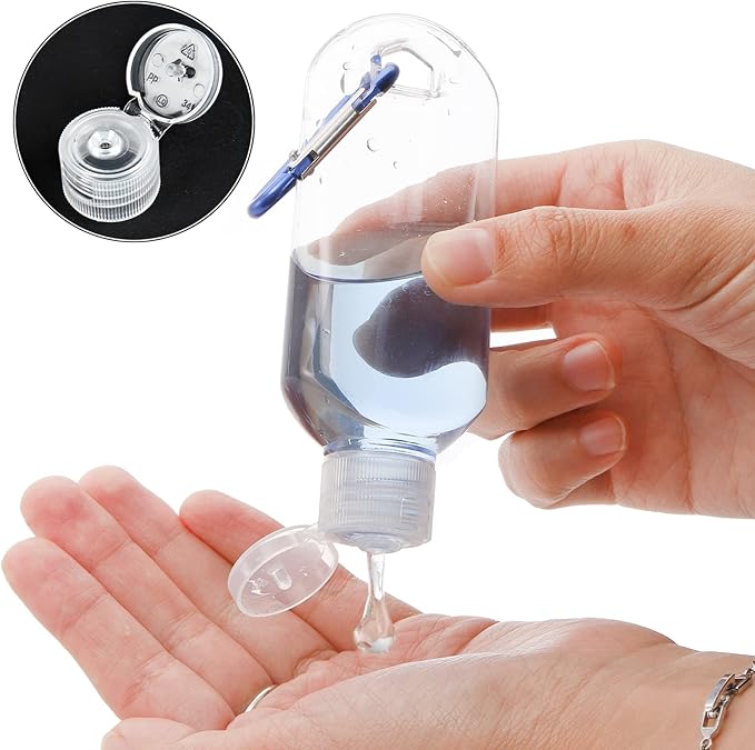 Kingrol 50 Plastic Travel Squeeze Bottles with Keychains, 2 oz Empty Hand Sanitizer Bottles, Portable Liquid Squeeze Containers for Toiletries, Cosmetics - Leak Proof, Refillable