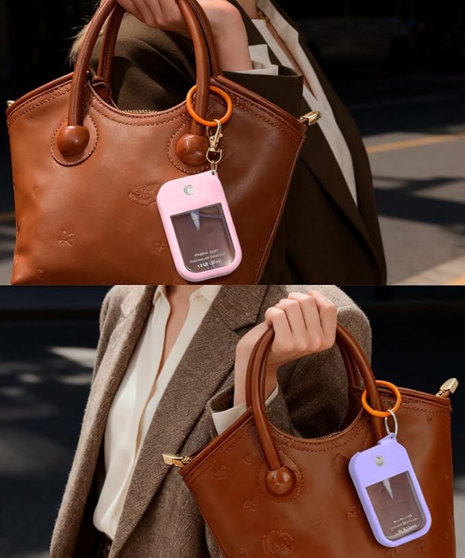 2 Sets Silicone Case Compatible with Touchland Hand Sanitizer Spray 1 FL. OZ./30 mL, Stylish Hand Sanitizer Mist Accessory with Portable Keychain (Pink, Purple)