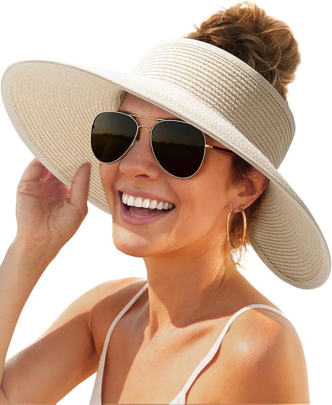 FURTALK Sun Hats for Women Wide Brim Beach Hat Straw Visor Ponytail Summer UV Packable Foldable Beach Vacation Essentials