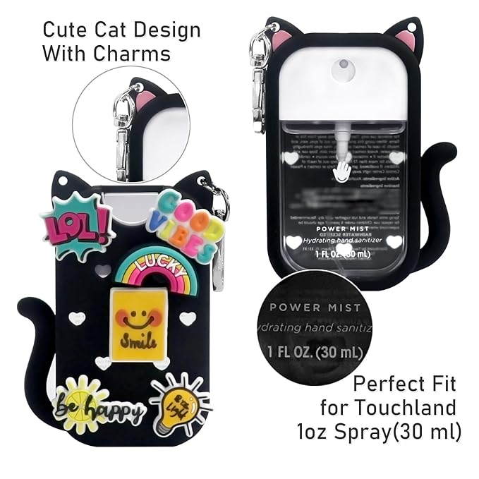 Silicone Case Compatible with Touchland Hand Sanitizer Spray 1 FL OZ/30ML,Stylish & Portable Hand Sanitizer Spray Accessory with 6 Charms Decorations & a Keychain (Black)