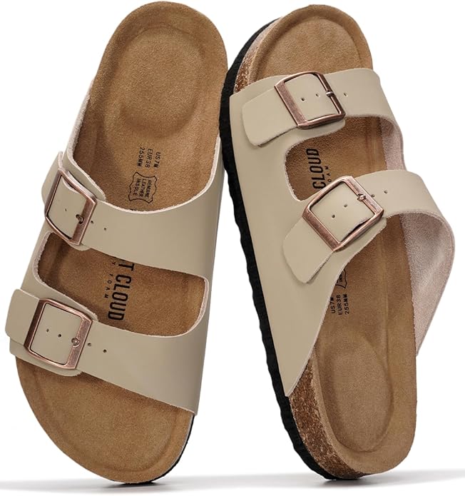Project Cloud 100% Genuine Leather Flat Sandals For Women 2026 Cork Footbed Womens Sandals with Memory Foam and arch support Vacation Essentials Slides for Women Footwear (Venita)