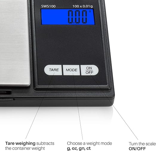 Smart Weigh SWS100 Digital Pocket Scale – 100g x 0.01g High Precision Scale for Reloading, Jewelry, Gems, and Medicine – Backlit LCD, Battery Included, Black