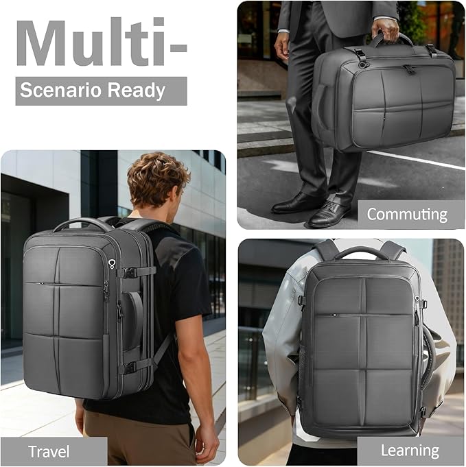 tazbuzo Travel Backpack, Extra Large 50L Flight Approved Carry on Backpack, Expandable Waterproof Business Suitcase Daypack Big Bag Fits 18.4 Inch Laptop, Grey