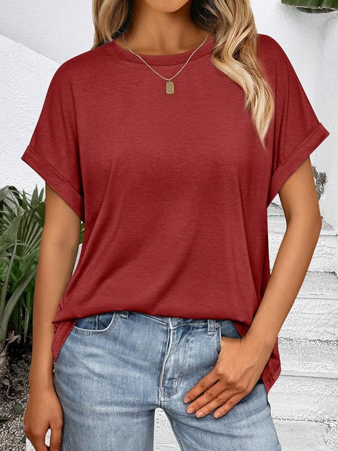 AUTOMET Women's Oversized Short Sleeve T Shirts Casual Drop Shoulder Rolled Cuff Summer Tops for Work, Travel and Lounge