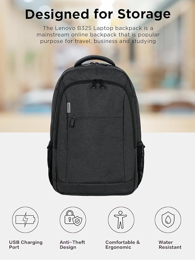 Lenovo B325 Laptop Backpack 35L – Anti-Theft, Water-Resistant, USB Charging Port, Fits 16-Inch Laptops, 2 Compartments, Luggage Strap, Travel Backpack for Work, School, Men & Women, Black