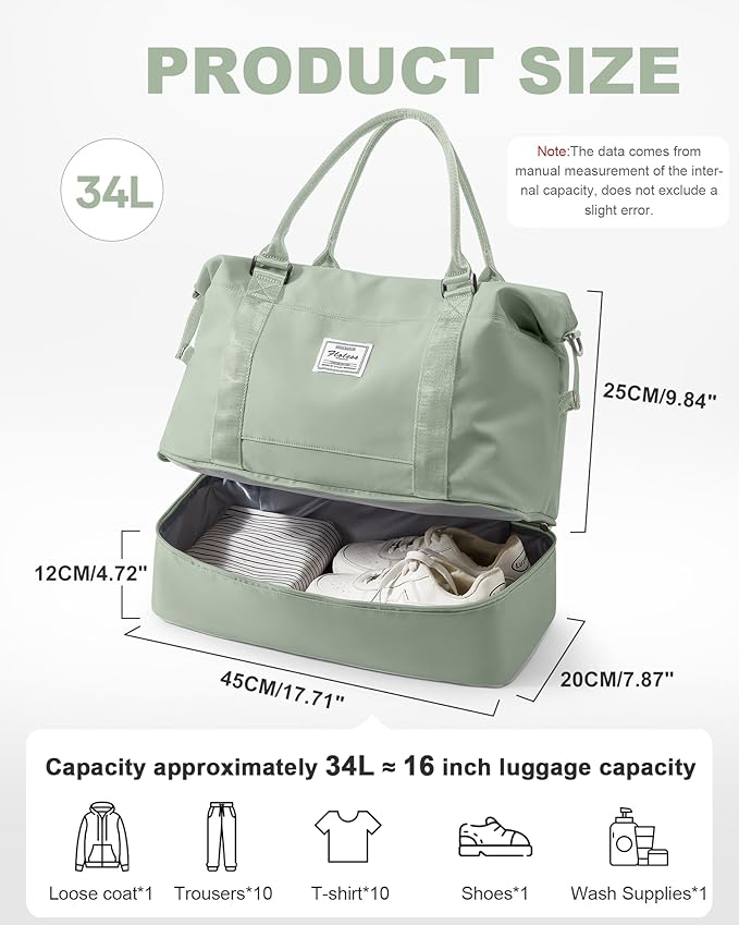 Spirit Travel Duffel - 18x14x8 Inches Weekender Overnight Bag with Shoes Compartment, Trolley Sleeve, Carry On for Airplanes, Sport Tote Gym Bag in BeigeGreen
