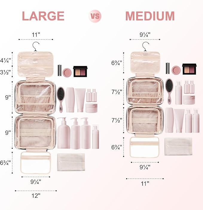 Everfun Hanging Toiletry Bag for Travel, 11x7.75x4.5 inch Medium Capacity Cosmetic Organizer with Leakproof Wet/Dry Compartment, Waterproof Dopp Kit Toiletries Bag for Women Pink