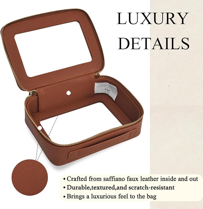 NGIL Clear Faux Leather Travel Toiletry Bag, Makeup Bag Organizer for Women, Clear Window & Gold Zipper Makeup Bag, Road Trip Essential, Skincare, Cruise Ship Essentials (Brown)