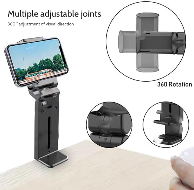 Airplane Phone Holder, 360° Rotating Adjustable Phone Stand, Standing/Clip-on Plane Phone Holder 4.7"" to 6.9"" Cell Phones, Universal Travel Essentials, Adjustable Phone Stand, Black