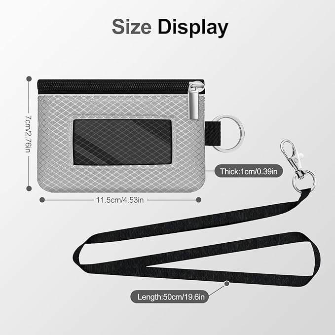 Minimalist RFID Blocking Small Wallet with ID Window,WaterResistant Zip Id Case Wallet with Lanyard Keychain for Cards,Cash,Travel,Women,Men (Light gray/Dark blue)