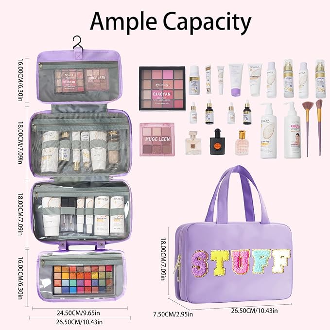 Toiletry Bag for Women Chenille Letter Makeup Bag Water-resistant Cosmetic Bag Travel Bag with Hanging Hook Preppy for Store Toiletries Cosmetic Accessories Medium Purple