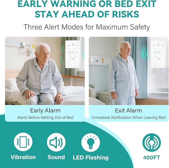Wireless Bed Alarm for Elderly - Fall Prevention Sensor Pad with Pager - Early & Exit Alert Modes for Dementia Patients - Under Mattress Support, Replaceable Battery