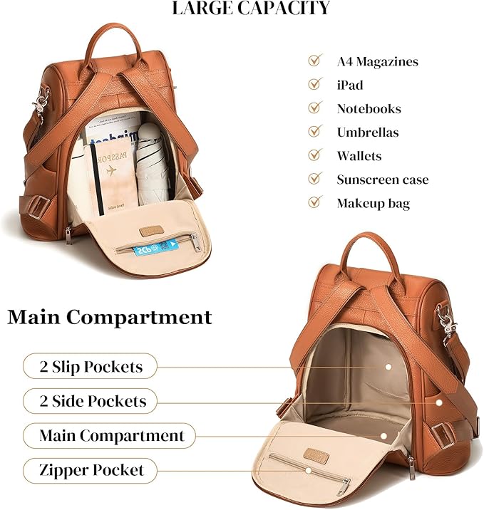 Leather Backpack Purses, Anti-theft Genuine Leather Backpack Bags for Women, Large Capcacity Fashion Convertible Shouler Bags for School Travel Daily