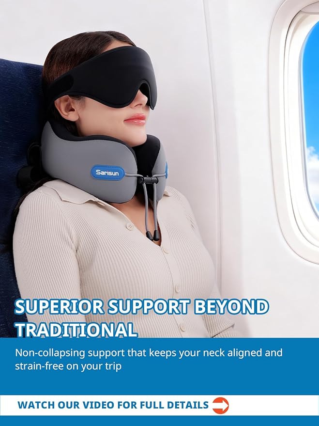 SARISUN Neck Pillow Airplane,Travel Pillow with Strap, Combo with 3D Eye Mask for Sleep, Dual-Density Supportive Foam Airplane Pillow for Long Flights, Car Road Trip Travel Essentials Beige