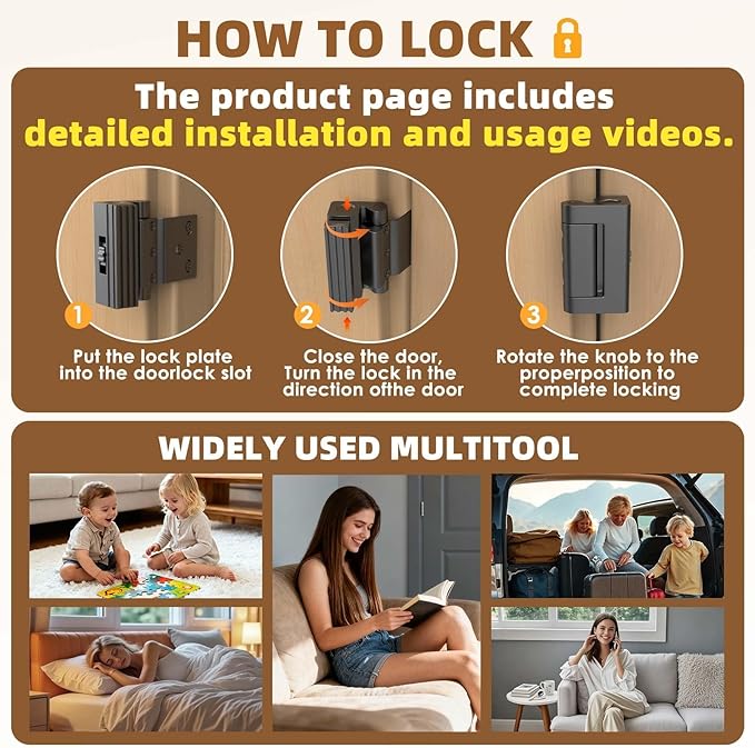 Portable Door Lock, Door Reinforcement Lock, Portable Door Lock for Travel - No Drilling, Interior Doors for Apartments, Hotels, bedrooms (1, Black（Drilling）)